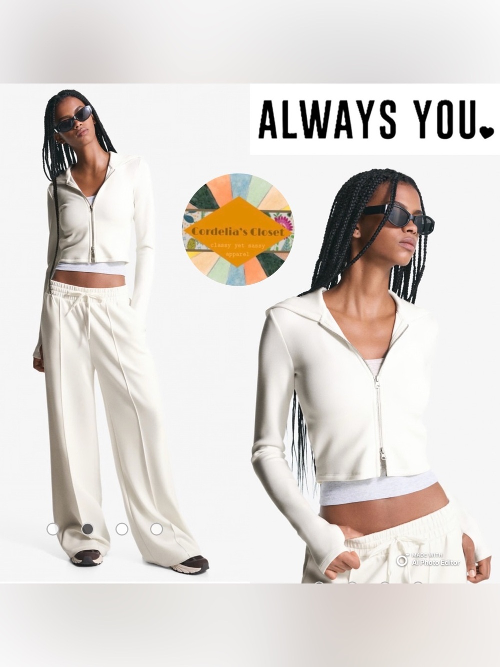 ALWAYS YOU Double Zip Up Cropped Hoodie in Cream size Large